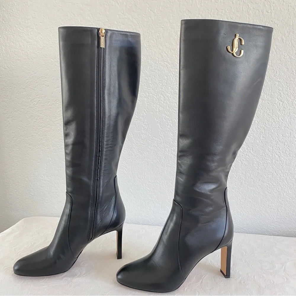 Jimmy choo black leather logo Knee high boots